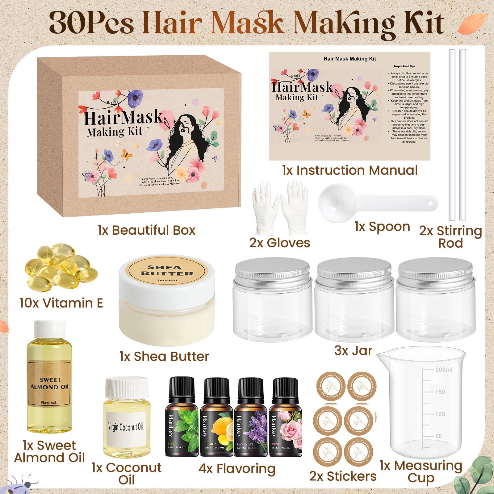 JUYRLE Coconut oil base bottle provides natural moisture for DIY masks.