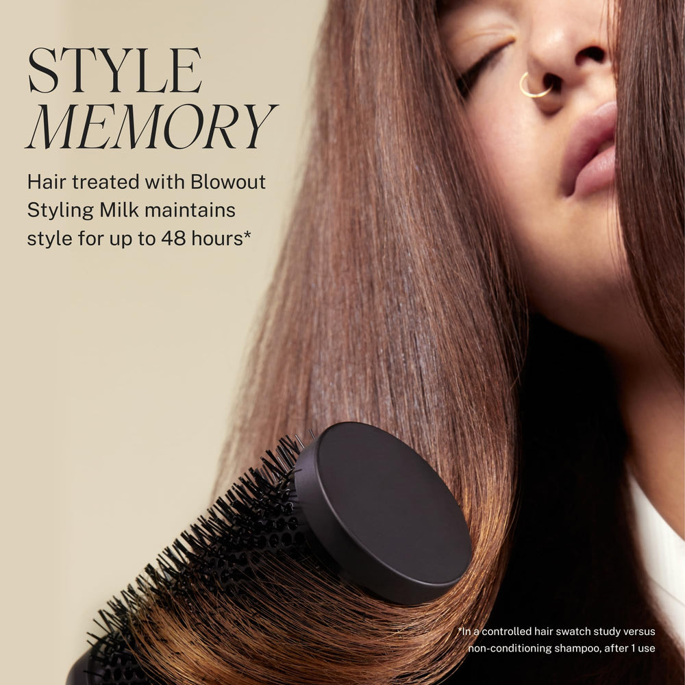 Blow-dry session using JVN Complete Blowout Styling Milk heat-activated for lasting hold.