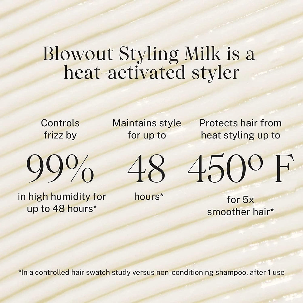 JVN Complete Blowout Styling Milk Ionic peptides protect heat-stressed hair and shine.