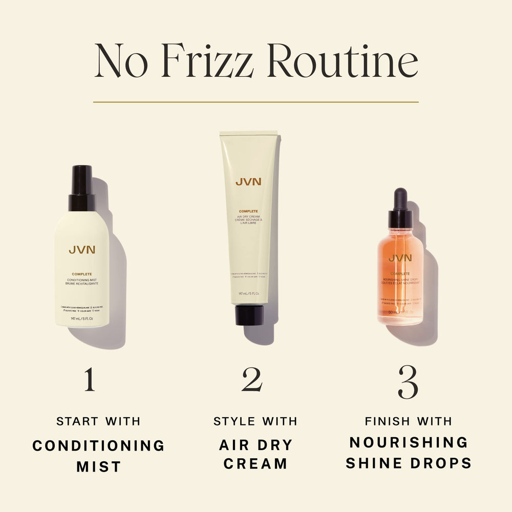 JVN Complete Leave-In Conditioning Mist demonstrates frizz control for all-day shine.