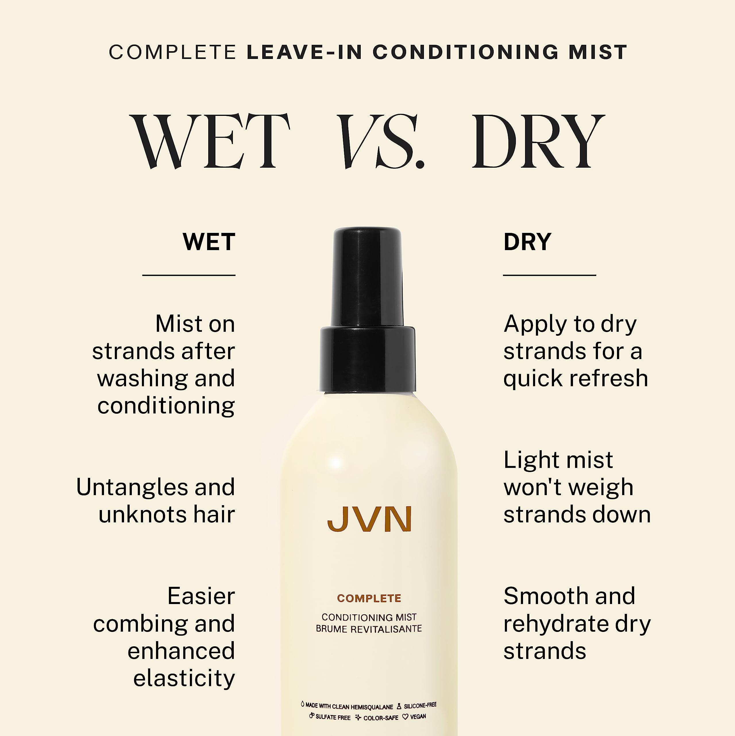 JVN frizz-control mist application supports easy styling and day-two revival.