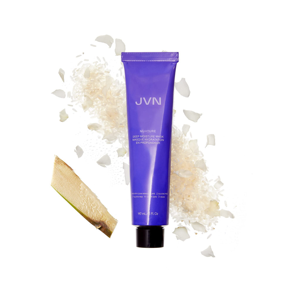 Frizz reduction close-up with JVN Nurture Mask on hair.