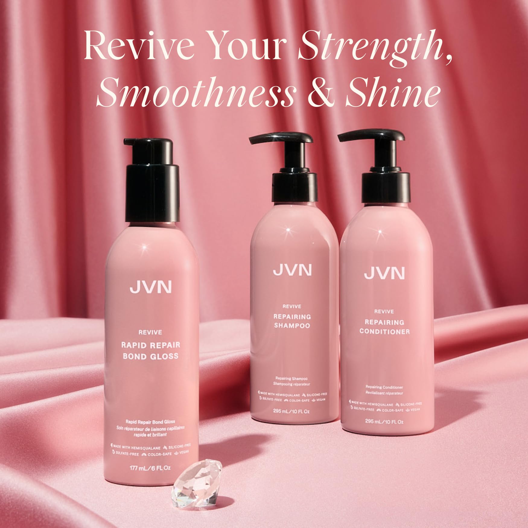 JVN Revive conditioner bottle highlights gentle repair for fragile strands.
