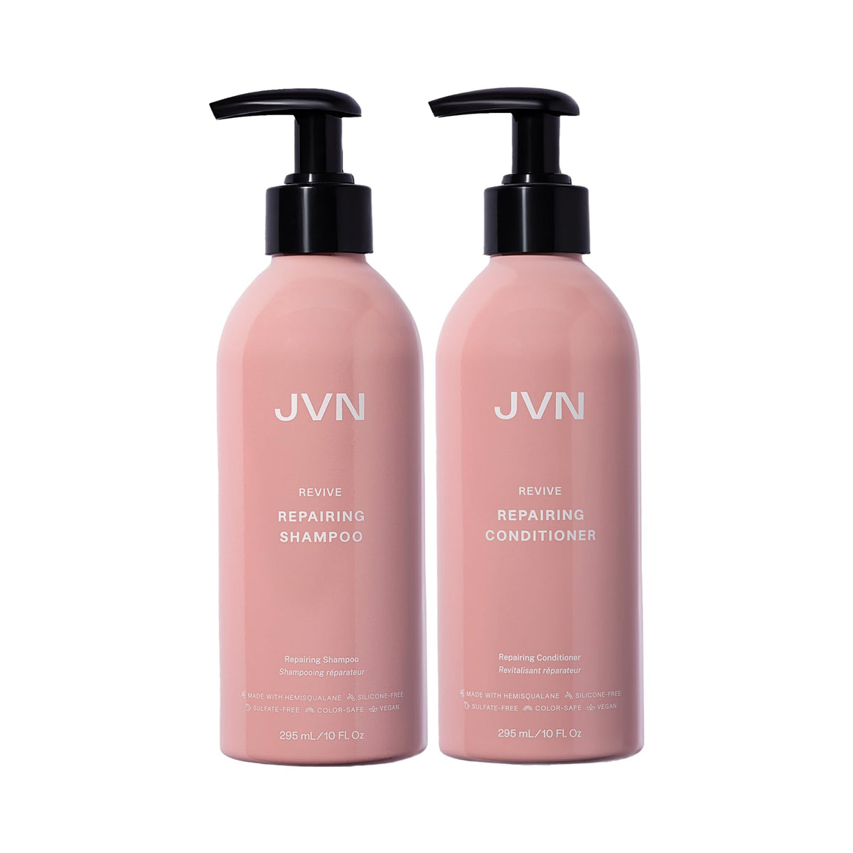 JVN Revive shampoo bottle demonstrates moisture-rich formula for damaged hair.