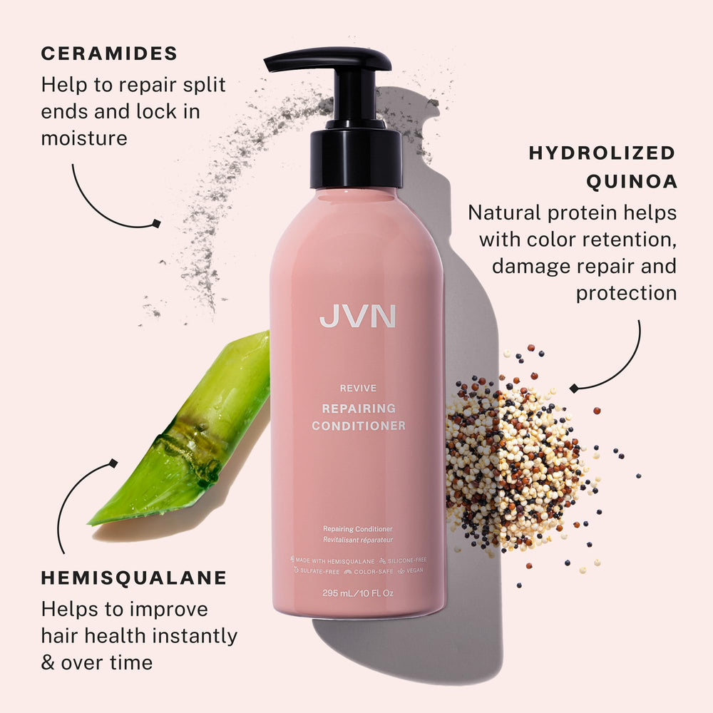 JVN Revive Shampoo close-up emphasizes cleansing with strengthening benefits.