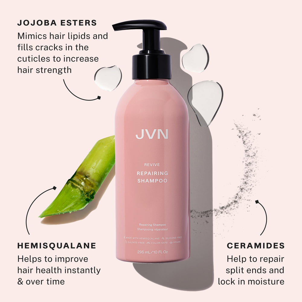 JVN Revive shampoo label close-up highlighting ceramides for split-end repair