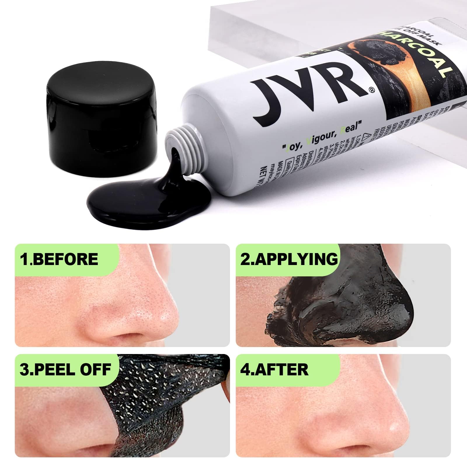 JVR Charcoal Peel-Off Mask texture on skin indicating gentle cleansing