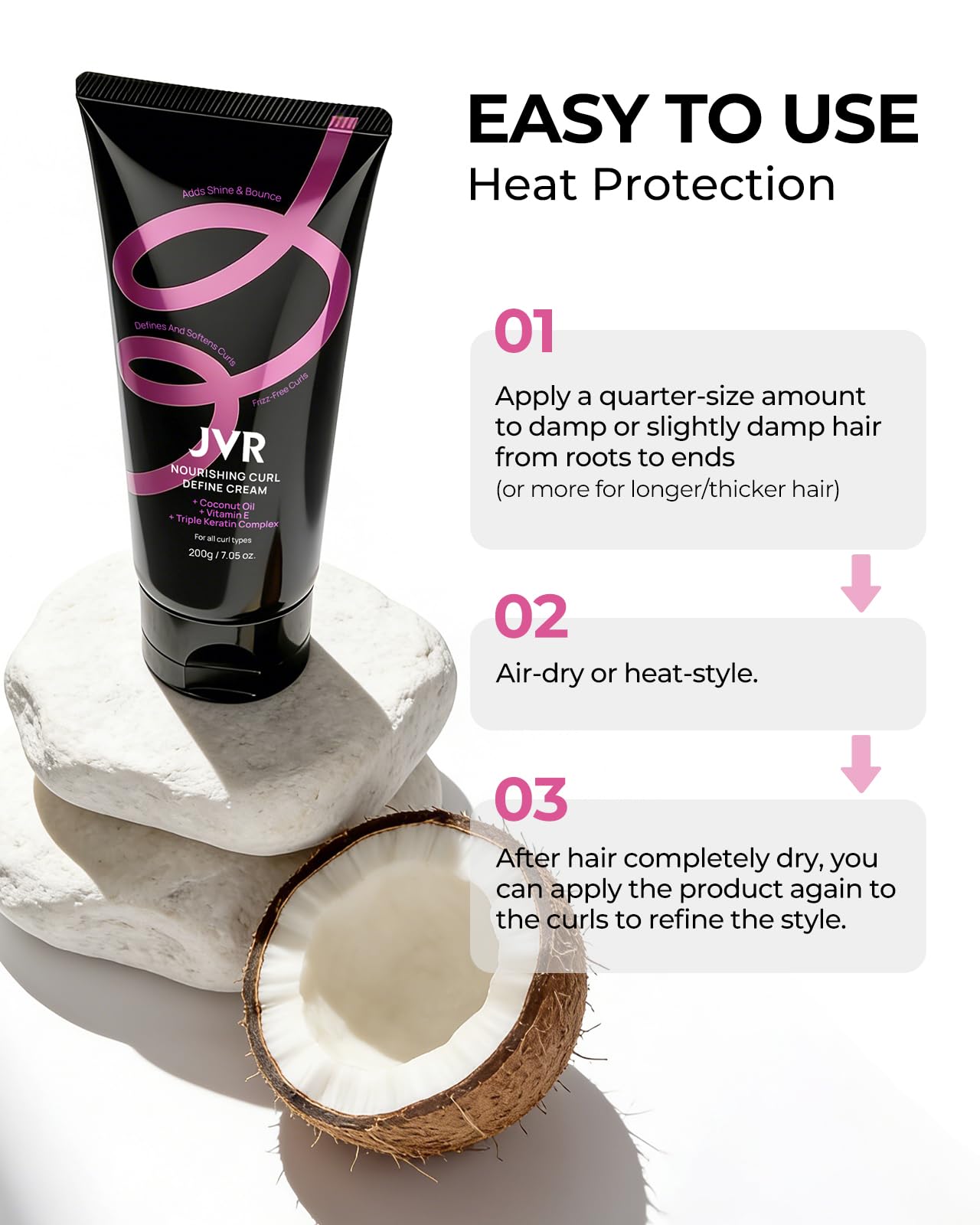 JVR Curl Cream delivers lightweight anti-frizz finish.