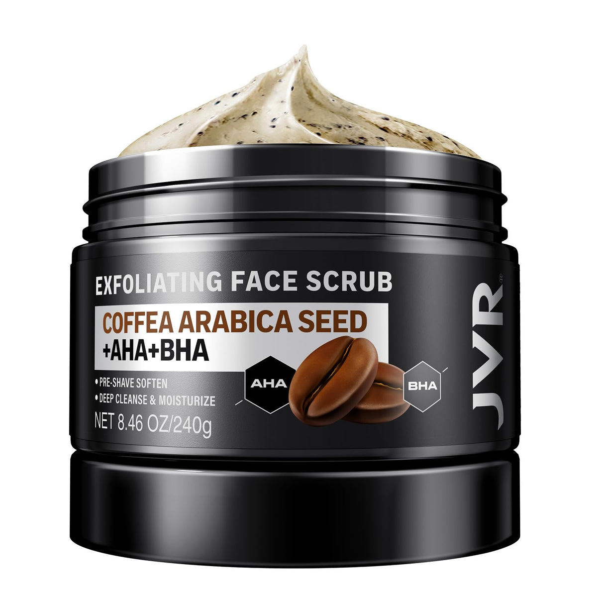 JVR Face Scrub bottle-dispense for easy daily exfoliation and pores cleaning.
