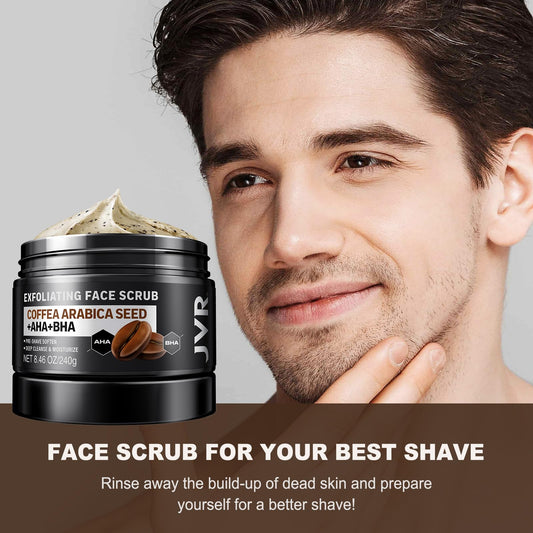 JVR Face Scrub coffee-extract closeup highlights natural caffeine for refreshed skin.