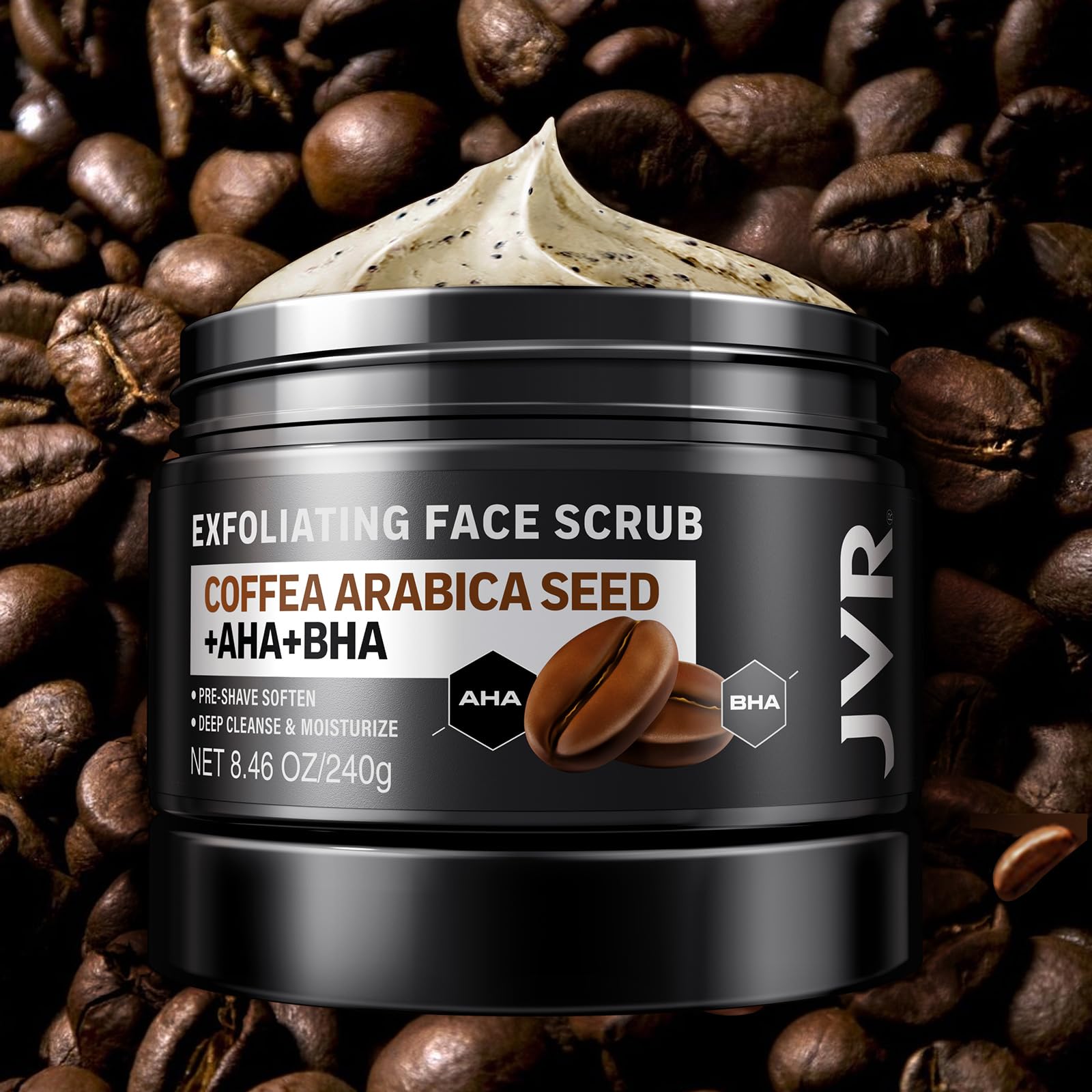JVR Face Scrub pre-shave-softening prepares skin for a smoother razor glide.