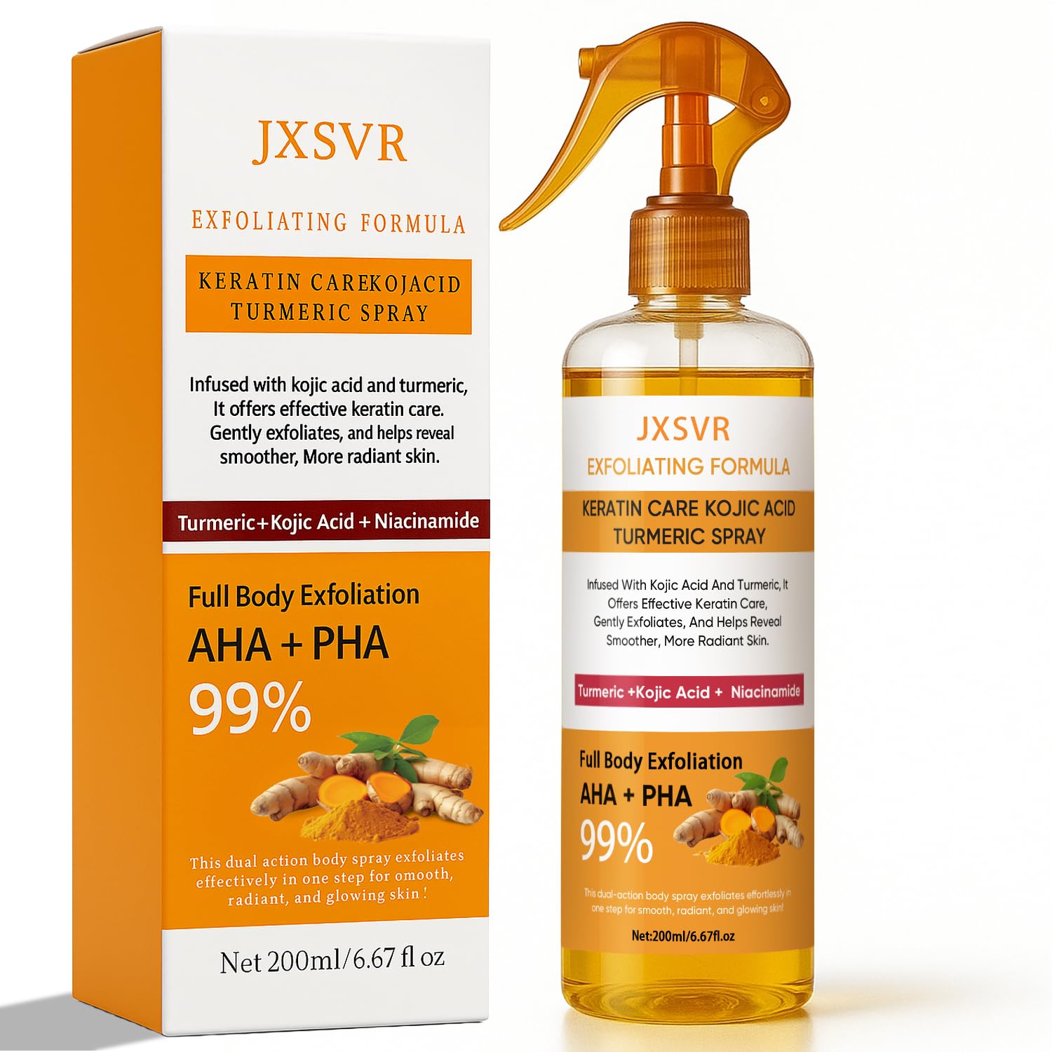 JXSVR Body Keratin Care Turmeric Spray bottle promotes brightening and even skin tone.