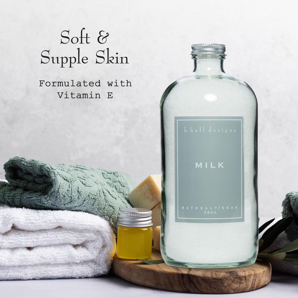 Close-up of ingredients for K. Hall Designs Milk Bath Salt Soak: vanilla and coconut aromas.