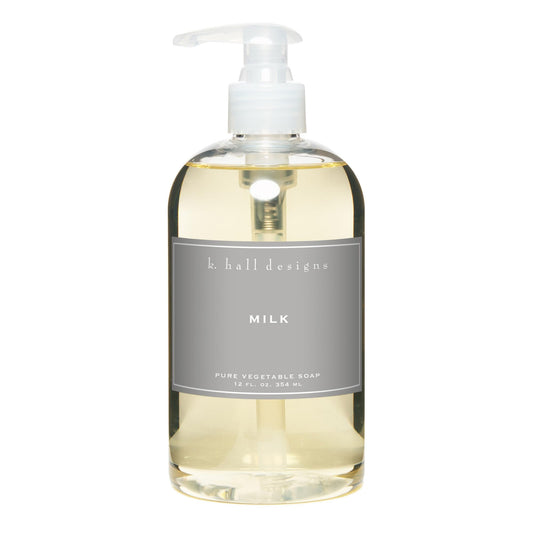 K. Hall Designs Milk liquid hand soap bottle with soothing coconut-vanilla aroma for daily handwashing.