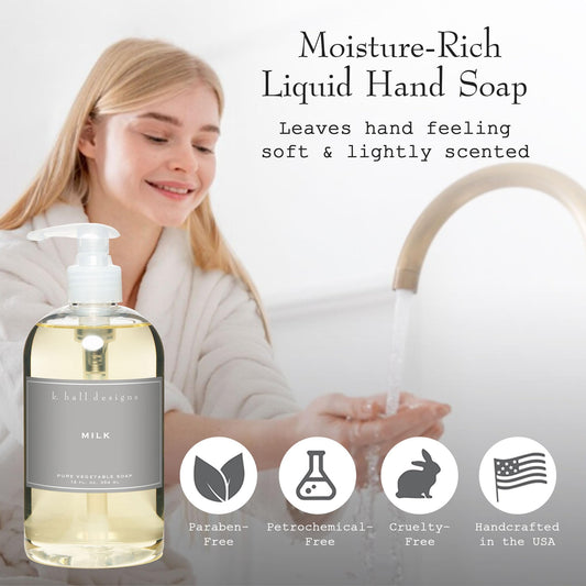 K. Hall Designs Milk hand soap pump dispenses gentle lather in kitchen and bath.