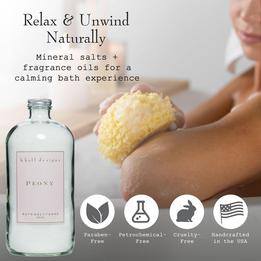 K. Hall Designs Peony Bath Salt Soak bottle in gift-ready packaging that suggests relaxation.