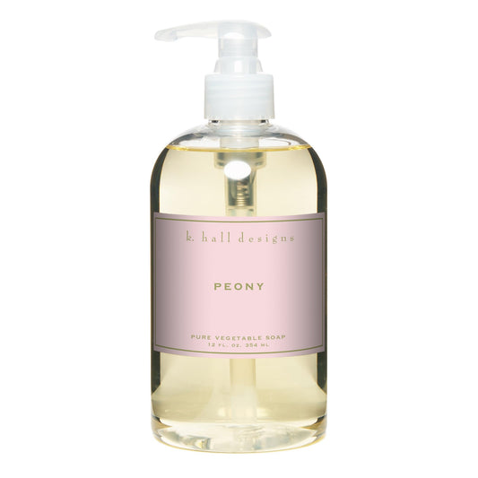 K. Hall Designs Peony liquid hand soap bottle with delicate fragrance and elegant packaging