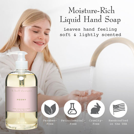K. Hall Designs Peony liquid hand soap pump dispensing a gentle lather