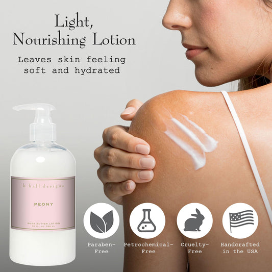 K. Hall Designs Peony lotion application close-up reveals creamy texture