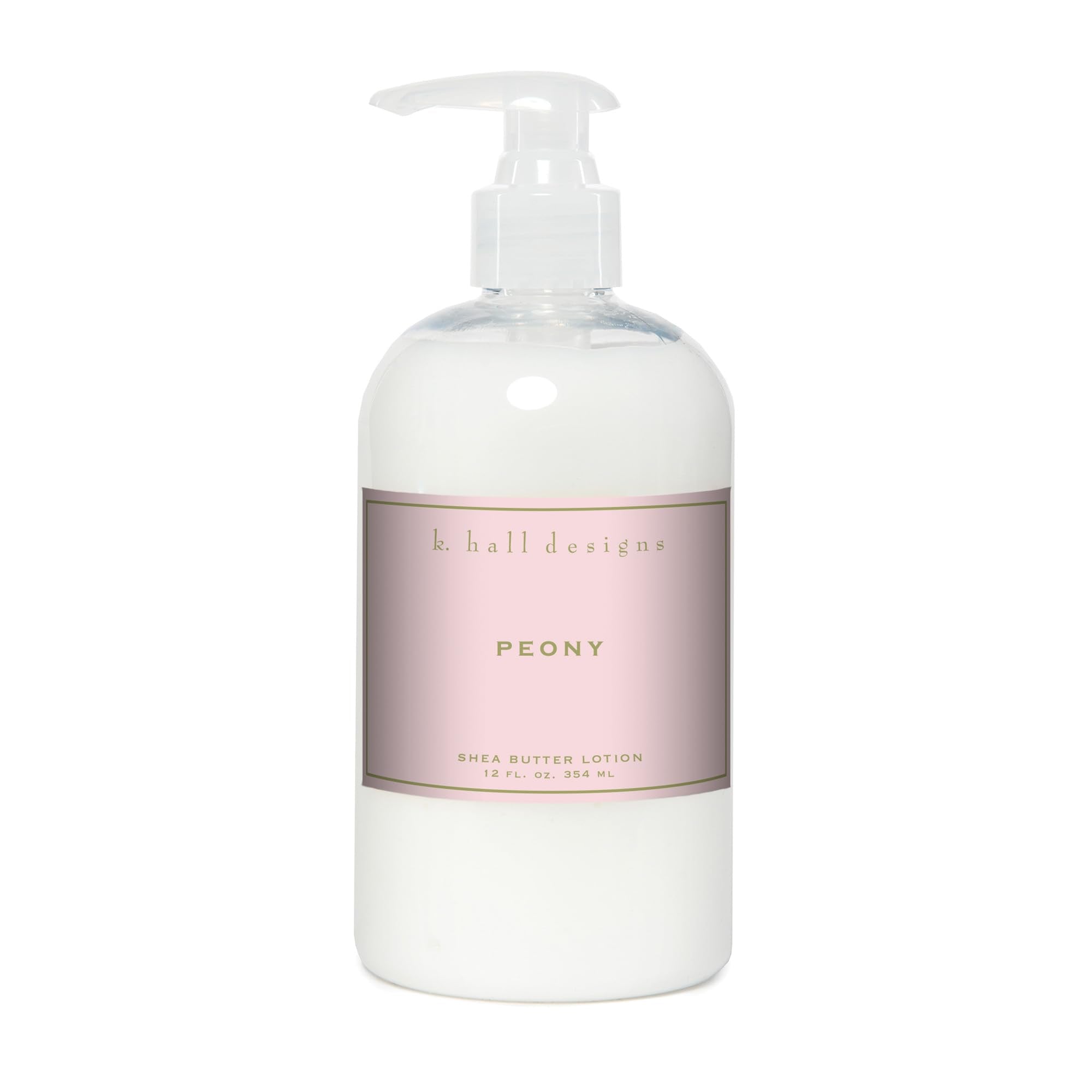 K. Hall Designs Peony Shea Butter Lotion bottle with elegant glass pump for moisture