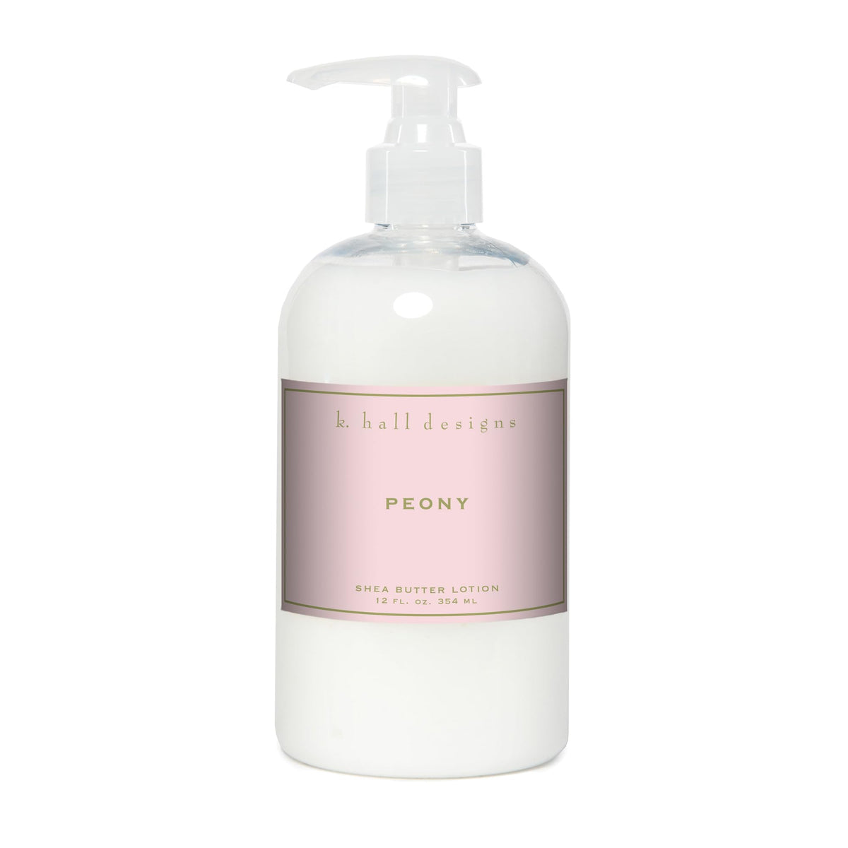 K. Hall Designs Peony Shea Butter Lotion bottle with elegant glass pump for moisture