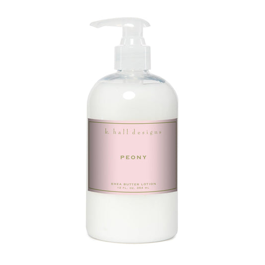 K. Hall Designs Peony Shea Butter Lotion bottle with elegant glass pump for moisture
