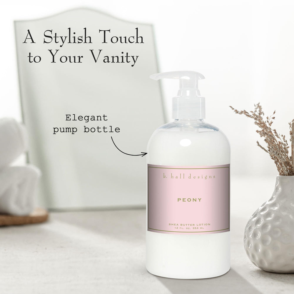 K. Hall Designs Peony Shea Butter Lotion creamy texture close-up shows hydration benefits
