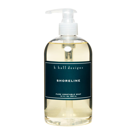 K. Hall Designs Shoreline bottle label highlights ocean-inspired scent for daily cleansing.