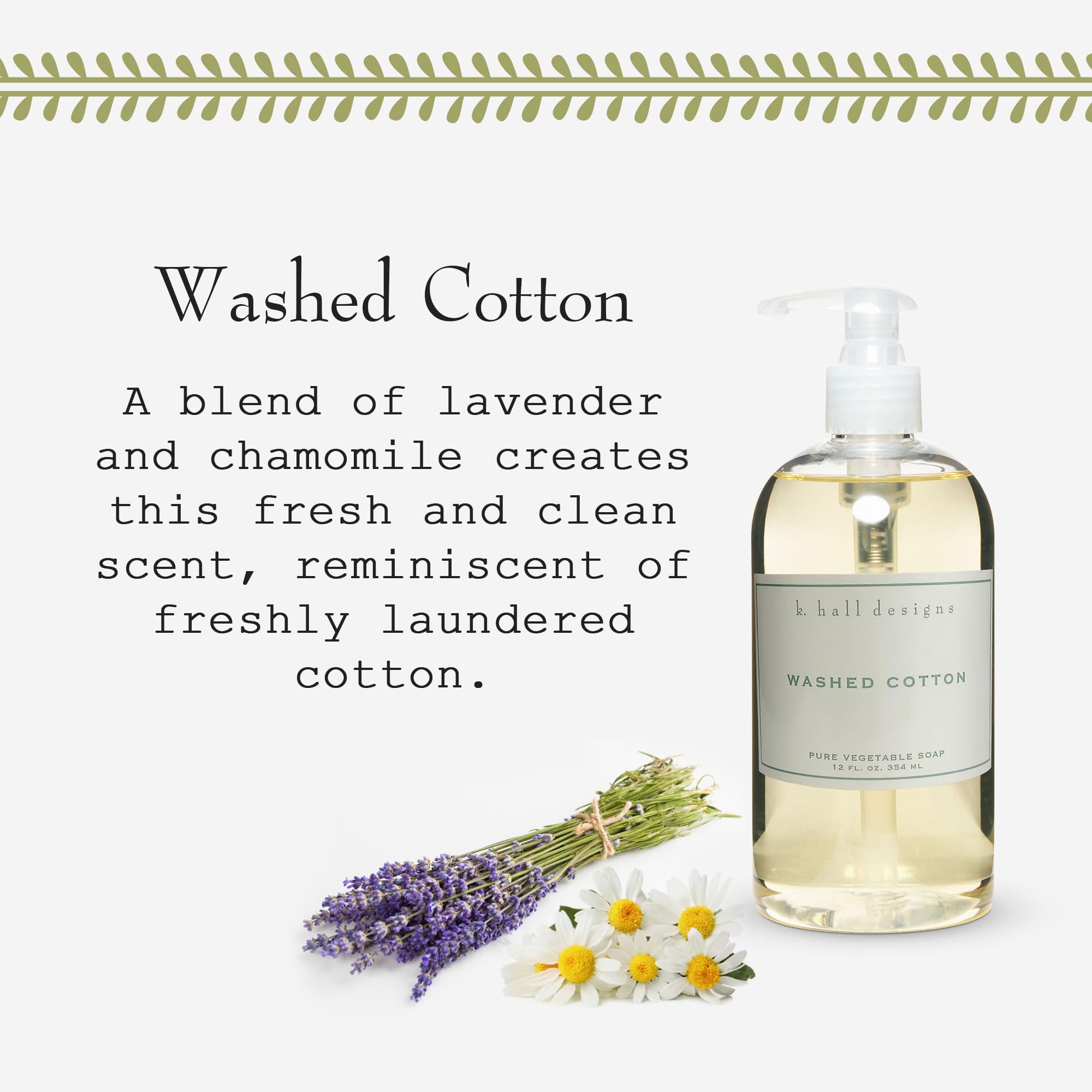 Label on K. Hall Designs Washed Cotton hand soap highlighting vegan formula.