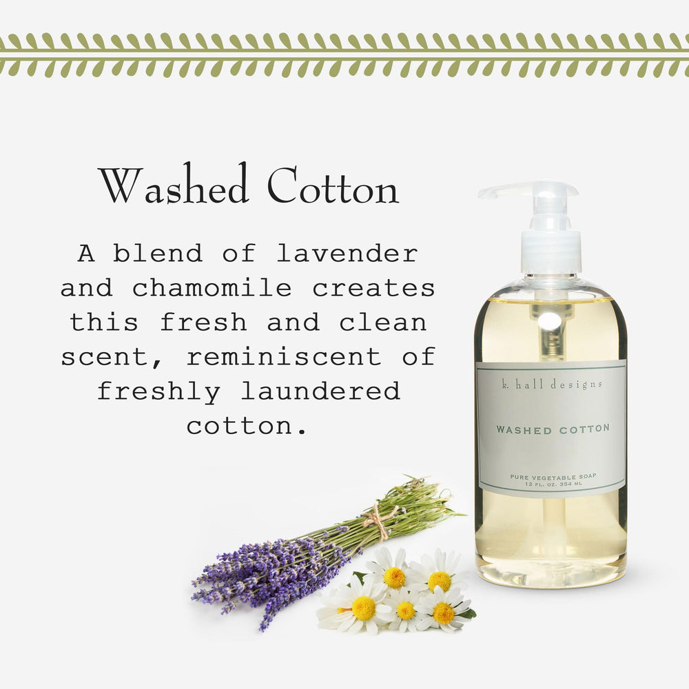 Label on K. Hall Designs Washed Cotton hand soap highlighting vegan formula.