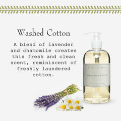 Label on K. Hall Designs Washed Cotton hand soap highlighting vegan formula.