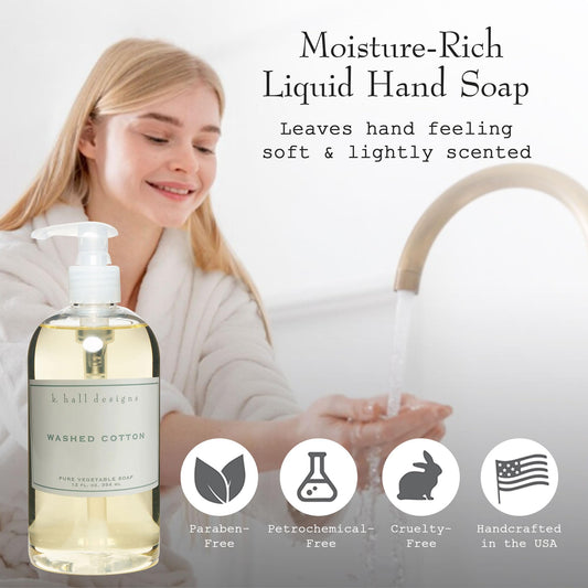 K. Hall Designs Washed Cotton soap pump dispensing gentle, moisturizing lather.