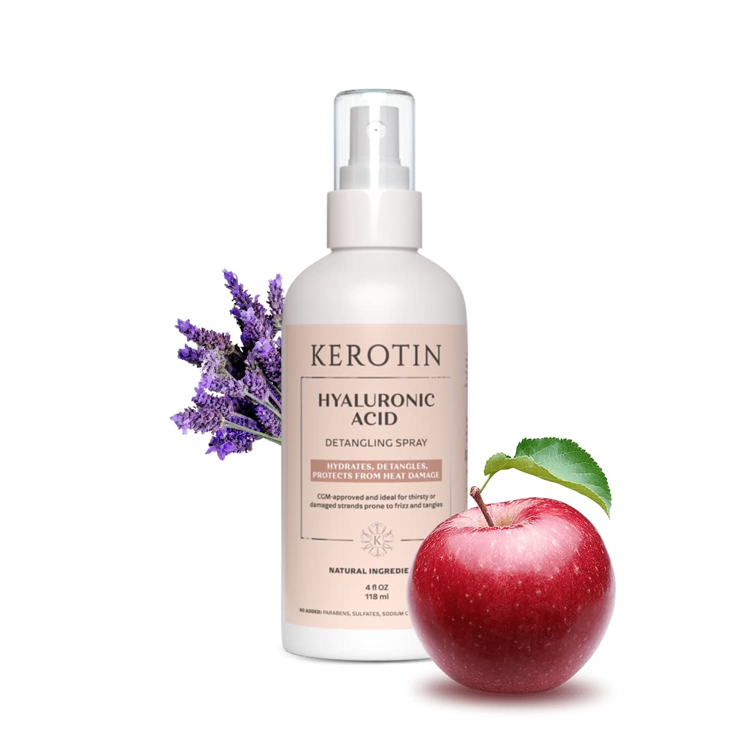 K Kerotin detangler spray bottle highlighting silicone-free heat protection for curls.