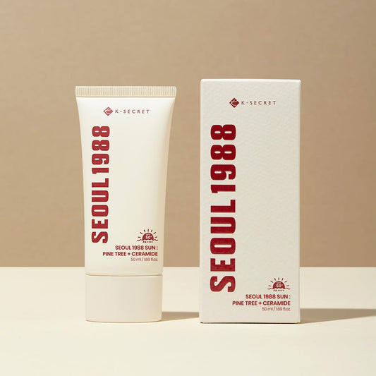 K-SECRET Seoul 1988 Sun bottle with pump highlights pine tree infusion for daily hydration