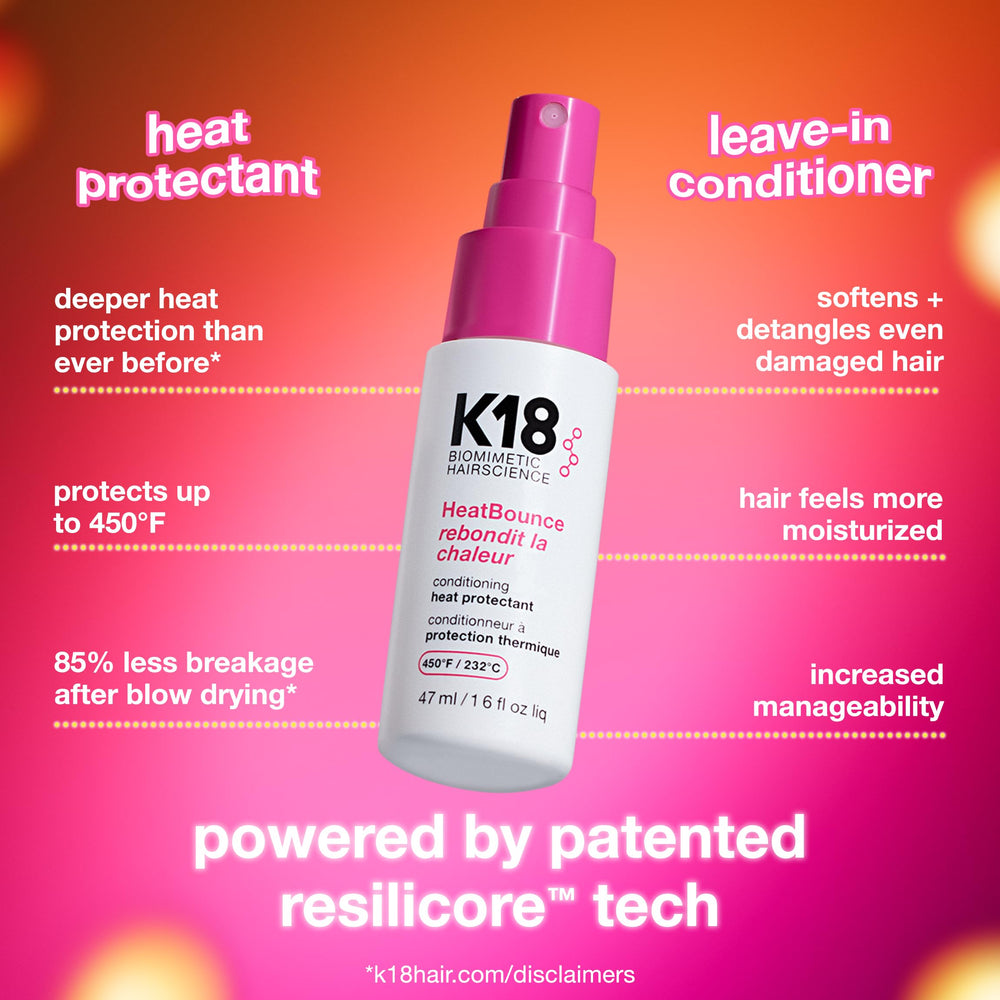K18 HeatBounce bottle being sprayed for quick, lightweight pre-styling