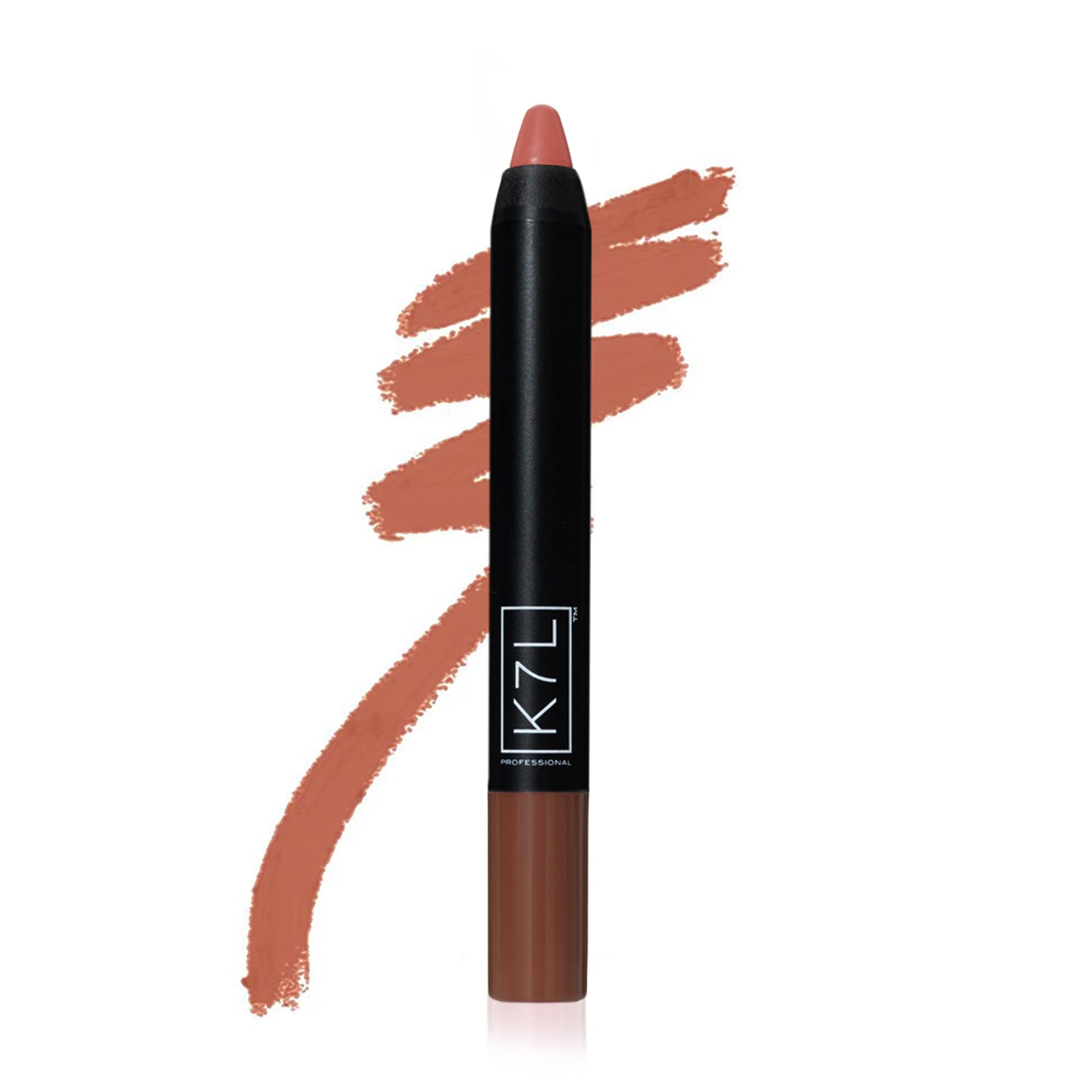 K7L Lipsilk Matte orange-brown lip crayon swatch showing lasting pigment for day-long wear.