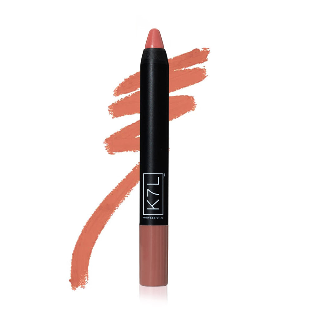 K7L Nude Brown Lipstick Crayon Pinkrylic application demonstrates one-swipe coverage for long wear.