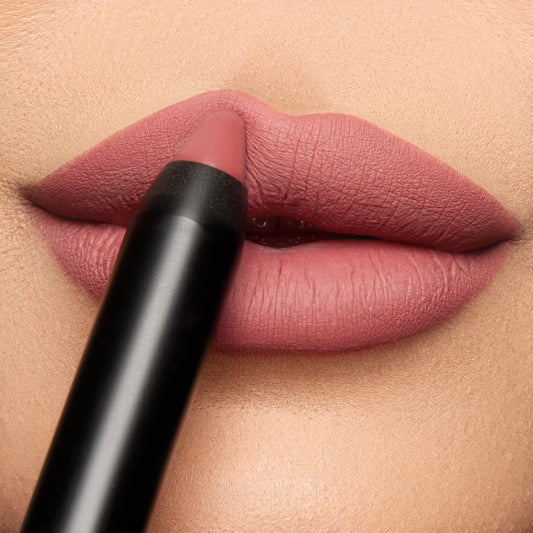 K7L Nude Pink Lipstick Crayon Tiptoe swatch highlights long-lasting matte color you can wear all day