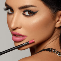 K7L Pink Lip Crayon on lips offers long-lasting color with waterproof wear
