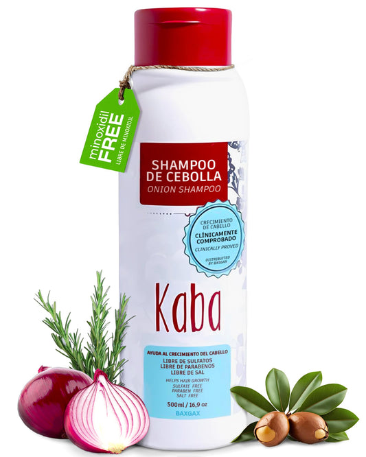 Kaba Onion Shampoo bottle front with fresh scent suitable for all hair types.