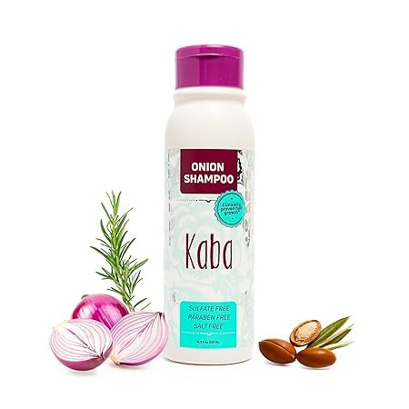 Kaba Onion Shampoo bottle showcases the label highlighting the scalp-cleansing formula.