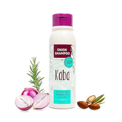 Kaba Onion Shampoo bottle showcases the label highlighting the scalp-cleansing formula.