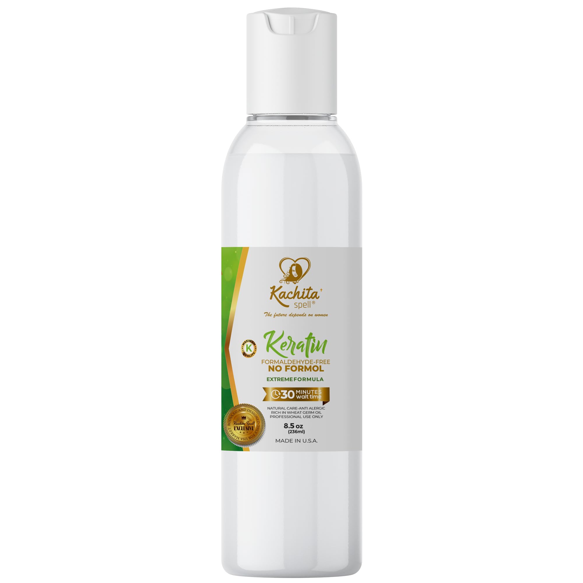 Kachita Spell keratin treatment bottle showing formaldehyde free formula for safer styling.