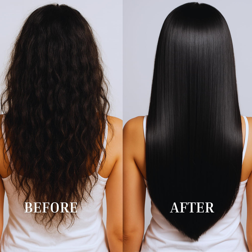 Before and after hair after Kachita Spell treatment showing smoother texture