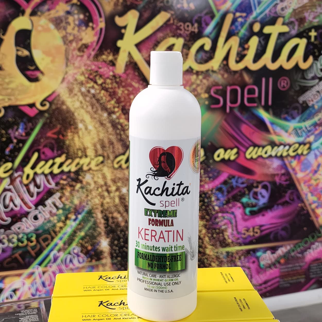 Kachita Spell clarifying shampoo bottle preps hair for treatment.