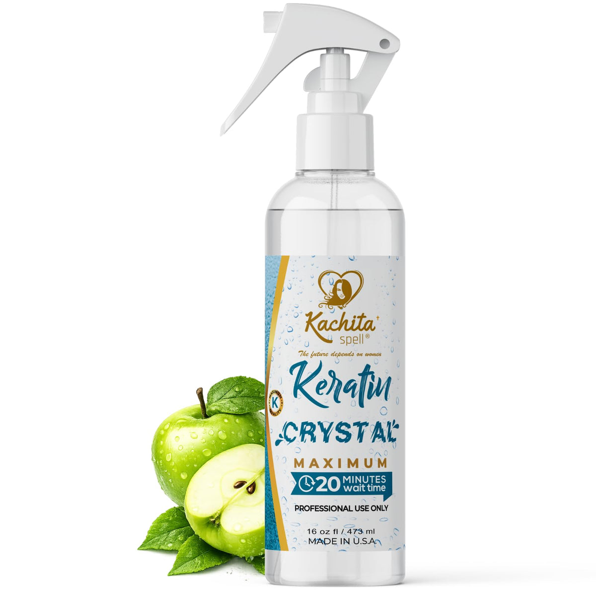 Kachita Spell Keratin Crystal spray bottle showing even coverage for quick styling at home