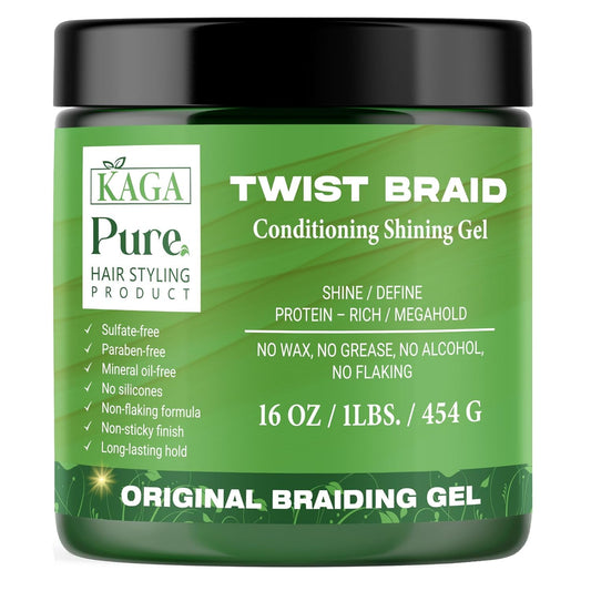 KAGA Pure O Natural Neatbraid Gel bottle showing strong hold and shine