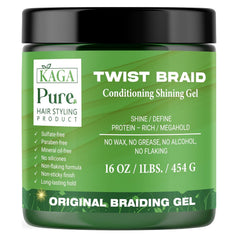 KAGA Pure O Natural Neatbraid Gel bottle showing strong hold and shine
