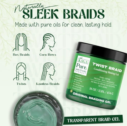 KAGA Pure O Natural Neatbraid Gel application hands for styling control