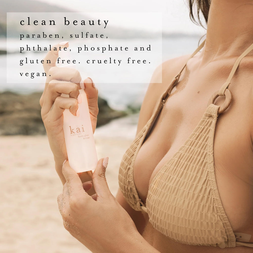 Kai Body Glow Rose application highlights lightweight hydration on skin.